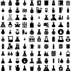 Collection Of 100 Flask Icons Set Isolated Solid Silhouette Icons Including Flask, Science, Equipment, Laboratory, Chemical, Test, Chemistry Infographic Elements Vector Illustration Logo