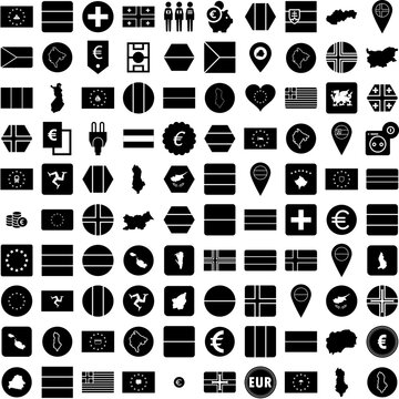Collection Of 100 European Icons Set Isolated Solid Silhouette Icons Including Union, European, Flag, Europe, Symbol, Eu, Euro Infographic Elements Vector Illustration Logo