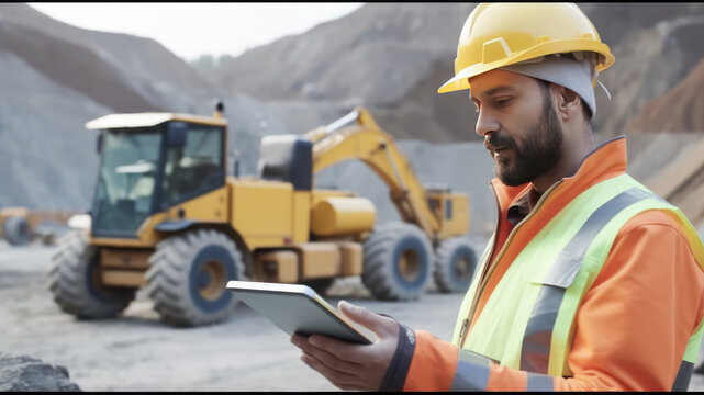 a worker in a protective helmet and uniform holds an electronic tablet on the background of a bulldozer in a quarry. Generative AI