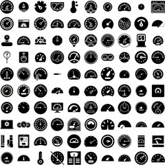 Collection Of 100 Gauge Icons Set Isolated Solid Silhouette Icons Including Gauge, Power, Vector, Meter, Indicator, Icon, Level Infographic Elements Vector Illustration Logo