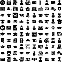 Collection Of 100 Graduation Icons Set Isolated Solid Silhouette Icons Including University, Cap, Graduation, School, Student, College, Education Infographic Elements Vector Illustration Logo