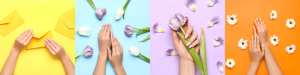 Set of female hands with beautiful manicure and flowers on color background, top view