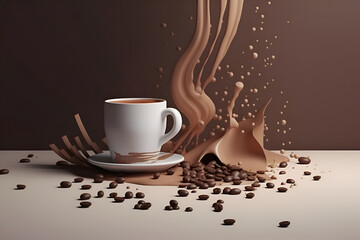 A cup of coffee with milk or cocoa with a splash on a brown background, Generative AI
