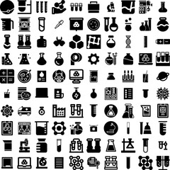 Collection Of 100 Laboratory Icons Set Isolated Solid Silhouette Icons Including Technology, Research, Medical, Lab, Medicine, Laboratory, Science Infographic Elements Vector Illustration Logo