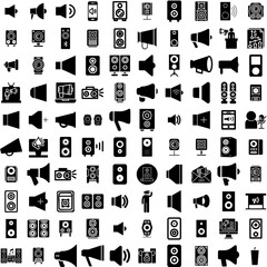 Collection Of 100 Loudspeaker Icons Set Isolated Solid Silhouette Icons Including Loud, Megaphone, Speaker, Voice, Speech, Vector, Loudspeaker Infographic Elements Vector Illustration Logo