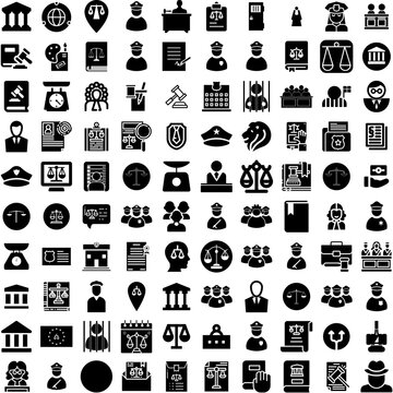 Collection Of 100 Justice Icons Set Isolated Solid Silhouette Icons Including Balance, Law, Judge, Lawyer, Legal, Court, Justice Infographic Elements Vector Illustration Logo