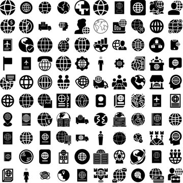 Collection Of 100 International Icons Set Isolated Solid Silhouette Icons Including Vector, International, Women, Woman, Illustration, Female, Girl Infographic Elements Vector Illustration Logo