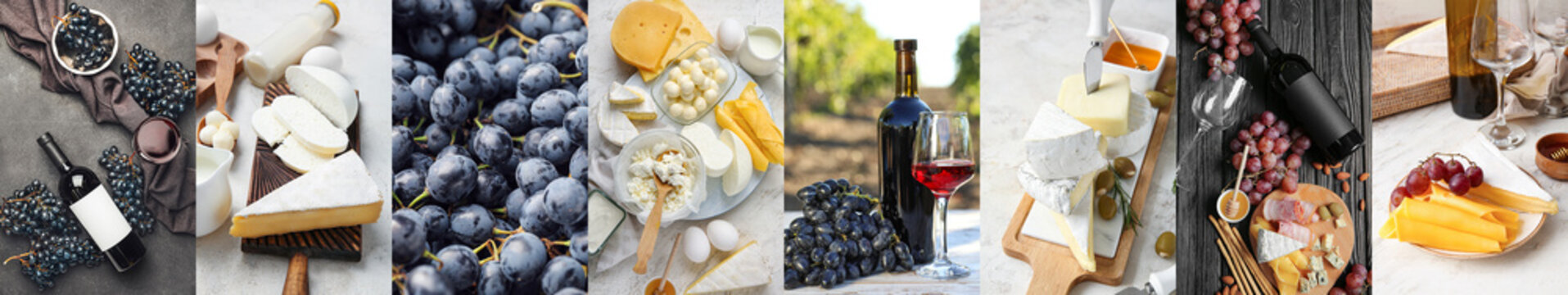 Collage of delicious grape wine with tasty cheese