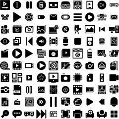 Collection Of 100 Multimedia Icons Set Isolated Solid Silhouette Icons Including Movie, Multimedia, Film, Media, Technology, Computer, Video Infographic Elements Vector Illustration Logo