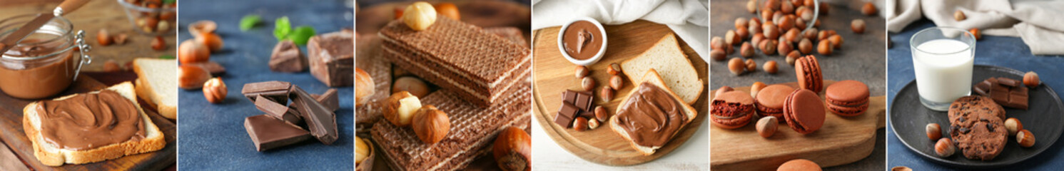 Collage of delicious chocolate desserts with hazelnuts on table