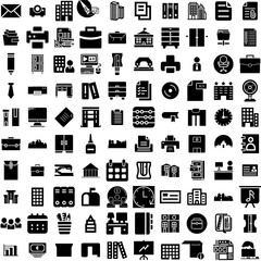 Collection Of 100 Office Icons Set Isolated Solid Silhouette Icons Including Business, Computer, Modern, Office, Technology, Table, Work Infographic Elements Vector Illustration Logo