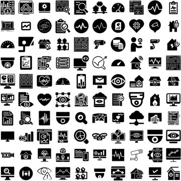 Collection Of 100 Monitoring Icons Set Isolated Solid Silhouette Icons Including Display, Monitor, Screen, Technology, Isolated, Business, Computer Infographic Elements Vector Illustration Logo