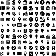 Collection Of 100 Place Icons Set Isolated Solid Silhouette Icons Including Vector, Icon, Sign, Illustration, Place, Design, Symbol Infographic Elements Vector Illustration Logo
