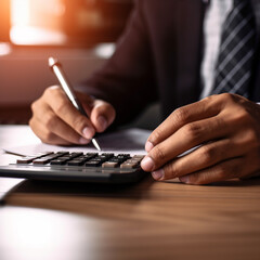 Close up view of hands of businessman use calculator calculate financial of business