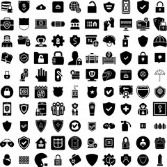Collection Of 100 Protection Icons Set Isolated Solid Silhouette Icons Including Shield, Technology, Protection, Safety, Protect, Concept, Secure Infographic Elements Vector Illustration Logo