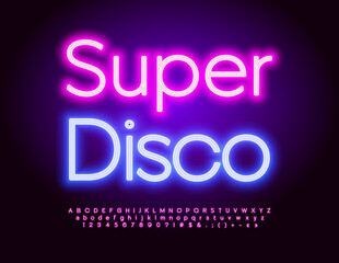 Vector glowing Banner Super Disco. Purple Neon Font. Modern Alphabet Letters and Numbers