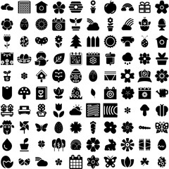 Collection Of 100 Spring Icons Set Isolated Solid Silhouette Icons Including Vector, Flower, Nature, Design, Spring, Background, Banner Infographic Elements Vector Illustration Logo