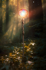 magic wand with beautiful glow in sunny forest
