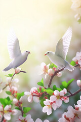 two white doves sitting on branches with pink flowers