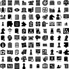 Collection Of 100 Strategy Icons Set Isolated Solid Silhouette Icons Including Success, Strategy, Concept, Business, Growth, Plan, Marketing Infographic Elements Vector Illustration Logo