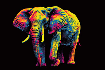 Fototapeta premium Neon image of an adult African elephant with an ornament. Generative AI illustration.