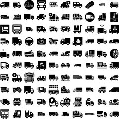 Collection Of 100 Truck Icons Set Isolated Solid Silhouette Icons Including Shipping, Transport, Trucking, Truck, Delivery, Freight, Transportation Infographic Elements Vector Illustration Logo
