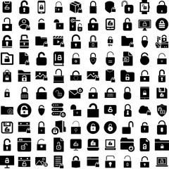 Collection Of 100 Unlocked Icons Set Isolated Solid Silhouette Icons Including Safe, Password, Lock, Vector, Unlock, Open, Icon Infographic Elements Vector Illustration Logo