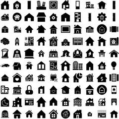 Collection Of 100 House Icons Set Isolated Solid Silhouette Icons Including Residential, Estate, Home, Property, Architecture, House, Building Infographic Elements Vector Illustration Logo