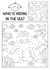Vector dot-to-dot and color activity with cute octopus hidden in landscape. Under the sea connect the dots game for children with funny water animal. Ocean life coloring page for kids with fish.