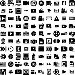 Collection Of 100 Movie Icons Set Isolated Solid Silhouette Icons Including Movie, Cinema, Theater, Film, Illustration, Entertainment, Video Infographic Elements Vector Illustration Logo