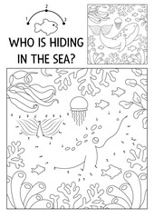 Vector dot-to-dot and color activity with cute whale hidden in landscape. Under the sea connect the dots game for children with funny water animal. Ocean life coloring page for kids with fish.
