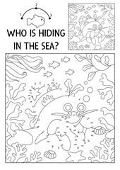 Vector dot-to-dot and color activity with cute hermit crab hidden in landscape. Under the sea connect the dots game for children with funny water animal. Ocean life coloring page for kids.