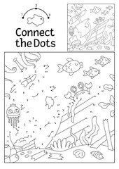 Vector dot-to-dot and color activity with wrecked ship hidden in landscape. Under the sea connect the dots game for children. Ocean life coloring page for kids ruined pirate boat, crab, fish.