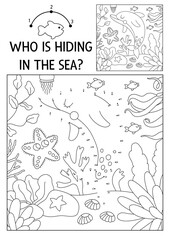 Vector dot-to-dot and color activity with cute dolphin hidden in landscape. Under the sea connect the dots game for children with funny water animal. Ocean life coloring page for kids with fish.