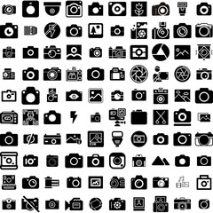 Collection Of 100 Photography Icons Set Isolated Solid Silhouette Icons Including Photographer, Photography, Equipment, Technology, Lens, Camera, Photo Infographic Elements Vector Illustration Logo
