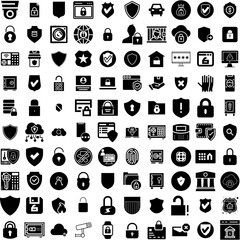 Collection Of 100 Security Icons Set Isolated Solid Silhouette Icons Including Protection, Security, Technology, Privacy, Internet, Computer, Secure Infographic Elements Vector Illustration Logo