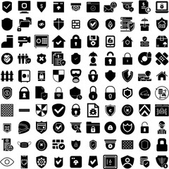 Collection Of 100 Protection Icons Set Isolated Solid Silhouette Icons Including Concept, Protection, Technology, Safety, Protect, Shield, Secure Infographic Elements Vector Illustration Logo