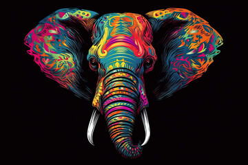 Elephant. Elephant head with multicolored ornament. Generative AI illustration.
