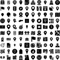 Collection Of 100 Location Icons Set Isolated Solid Silhouette Icons Including Pin, Sign, Vector, Icon, Symbol, Place, Location Infographic Elements Vector Illustration Logo