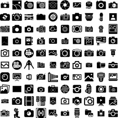 Collection Of 100 Photography Icons Set Isolated Solid Silhouette Icons Including Camera, Lens, Photography, Equipment, Technology, Photographer, Photo Infographic Elements Vector Illustration Logo