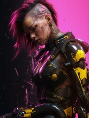 Fototapeta na wymiar Beautiful cyberpunk girl with android implants, isolated background, black, yellow pink colors, generative ai