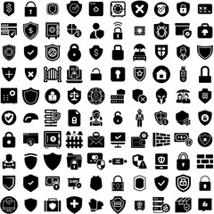 Collection Of 100 Protection Icons Set Isolated Solid Silhouette Icons Including Protect, Concept, Secure, Safety, Technology, Shield, Protection Infographic Elements Vector Illustration Logo