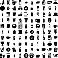 Collection Of 100 Drink Icons Set Isolated Solid Silhouette Icons Including Woman, Glass, Drink, Beverage, Happy, Young, Lifestyle Infographic Elements Vector Illustration Logo