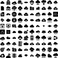 Collection Of 100 Cloud Icons Set Isolated Solid Silhouette Icons Including Cloud, Sky, Blue, White, Vector, Background, Air Infographic Elements Vector Illustration Logo