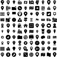 Collection Of 100 Location Icons Set Isolated Solid Silhouette Icons Including Place, Location, Sign, Vector, Pin, Symbol, Icon Infographic Elements Vector Illustration Logo