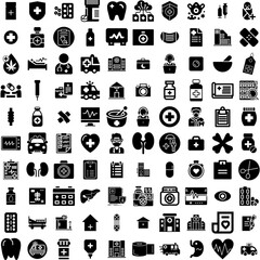 Collection Of 100 Medical Icons Set Isolated Solid Silhouette Icons Including Health, Clinic, Hospital, Doctor, Medicine, Care, Medical Infographic Elements Vector Illustration Logo