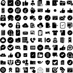 Collection Of 100 Approve Icons Set Isolated Solid Silhouette Icons Including Seal, Sign, Approve, Icon, Approval, Business, Stamp Infographic Elements Vector Illustration Logo