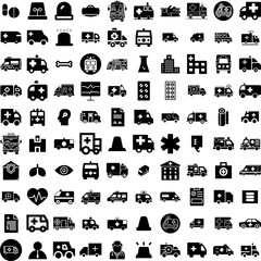 Collection Of 100 Ambulance Icons Set Isolated Solid Silhouette Icons Including Medical, Transport, Ambulance, Emergency, Vehicle, Rescue, Car Infographic Elements Vector Illustration Logo
