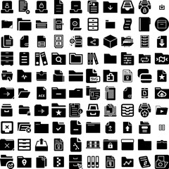Collection Of 100 Archive Icons Set Isolated Solid Silhouette Icons Including Archive, File, Office, Document, Storage, Business, Data Infographic Elements Vector Illustration Logo