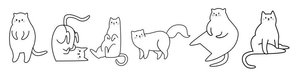 Vector collection of linear cats. Cute black and white cats. 